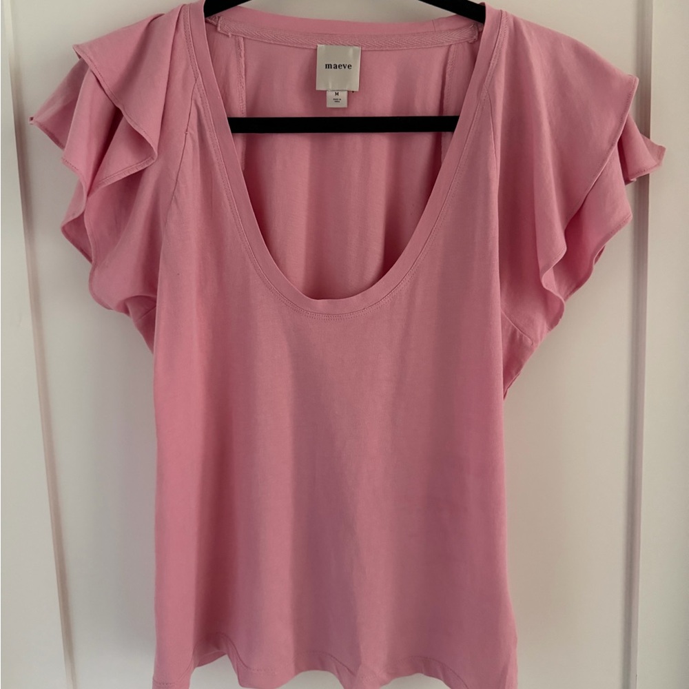 Maeve Pink Flutter Sleeve Scoop Neck Top